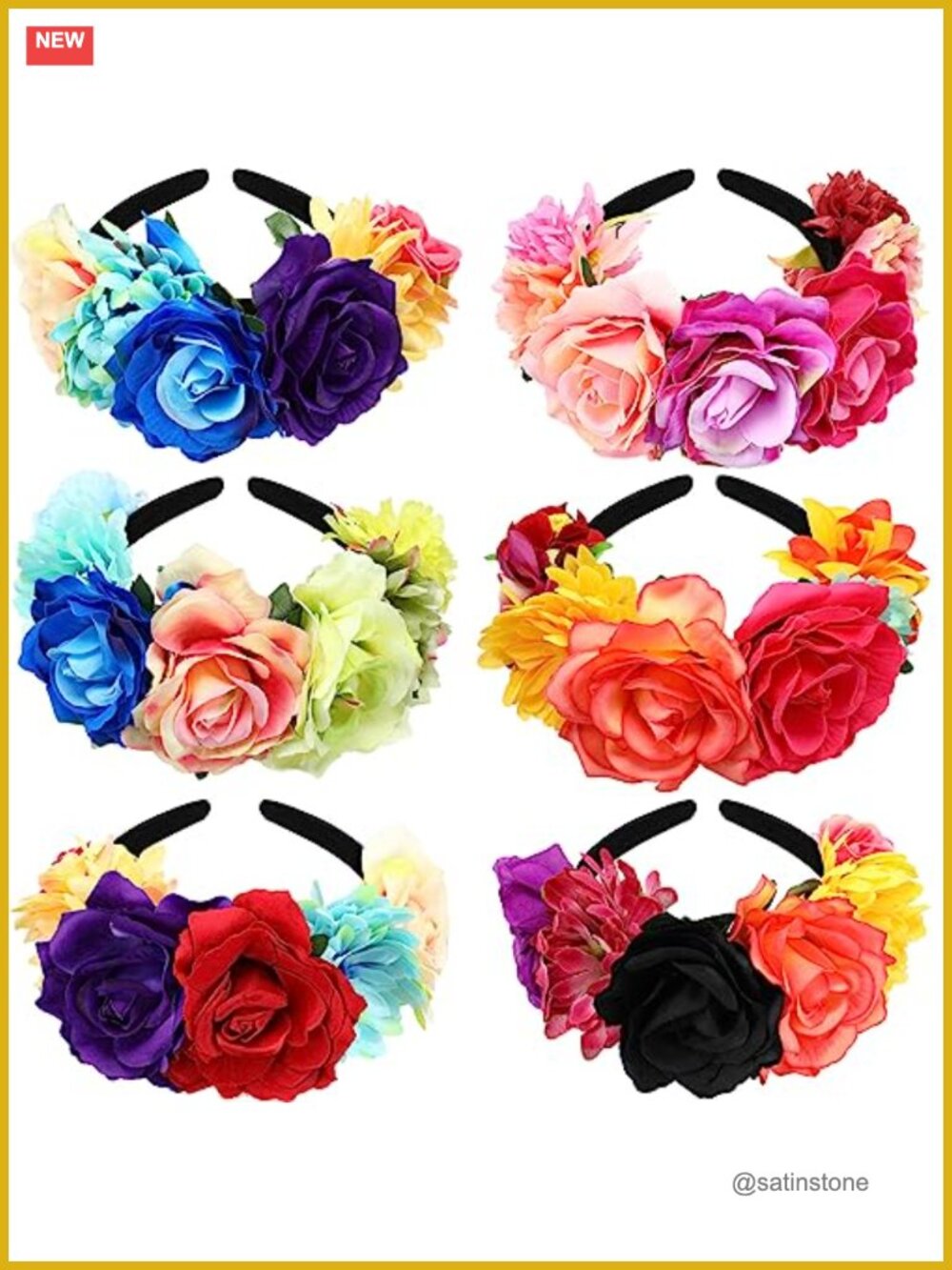 6 Pc Mexican Fiesta Flower Crown Headbands for Women Polyester